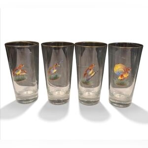 4 Highball Gold Rimmed Bar Glasses With 3D Enameled Game Birds Pheasant Set EUC